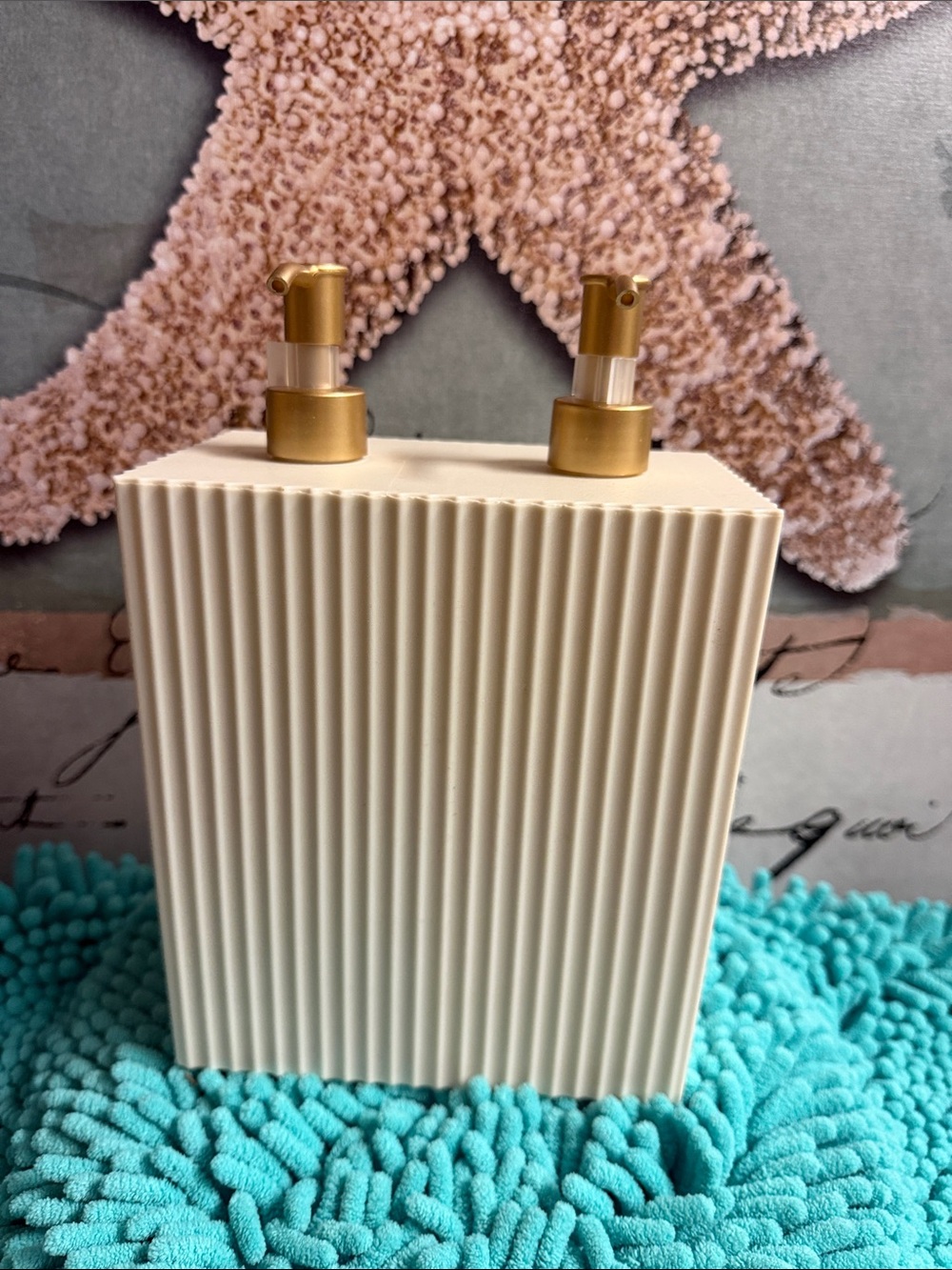 Cream Ribbed Dual Soap Dispenser with Gold Pumps